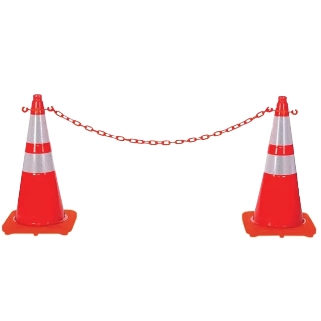 Zestaw dwóch pachołków drogowych z łańcuchem. Idealne do wygrodzenia terenu budowy, parkingu czy innych stref. Wykonane z trwałego tworzywa, posiadają pasy odblaskowe. Szybki i łatwy montaż. Niezbędny element do zabezpieczenia strefy