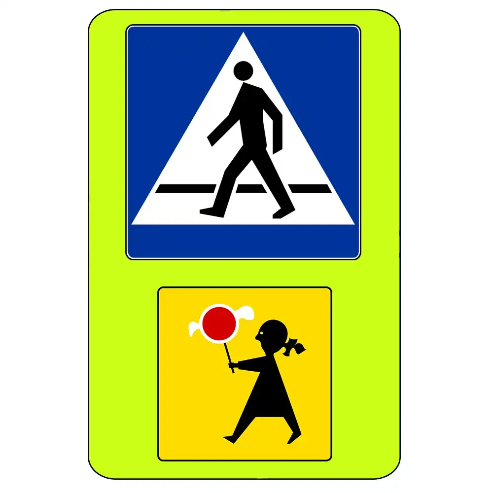 Tablica fluorescencyjna T-27 i D-6 przejście dla pieszych uwaga dzieci. Znak drogowy 900x1200 mm z folii odblaskowej II generacji. Certyfikowane oznakowanie pionowe zwiększające bezpieczeństwo przy szkołach. Sklep Drogowy Widrog