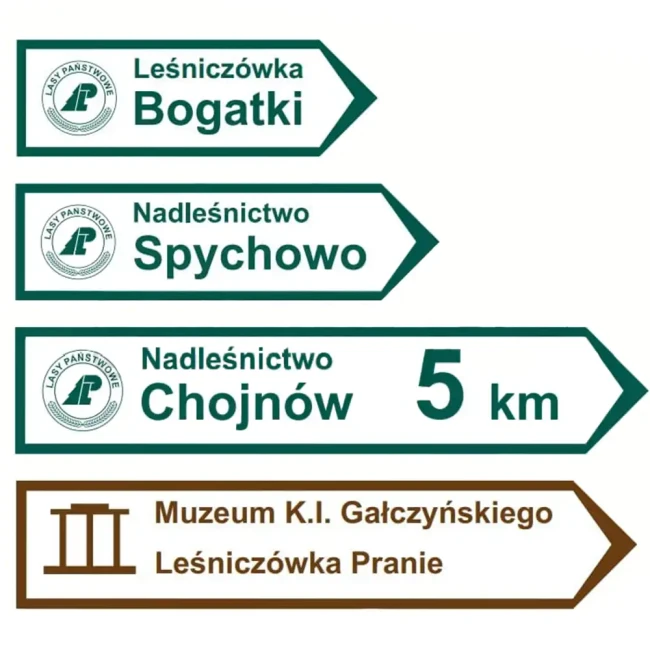 Tablice kierunkowe do obiektów Lasów Państwowych - folia I generacji - drogowskazy - folia odblaskowa pierwszej generacji - sklep drogowy Widrog.webp