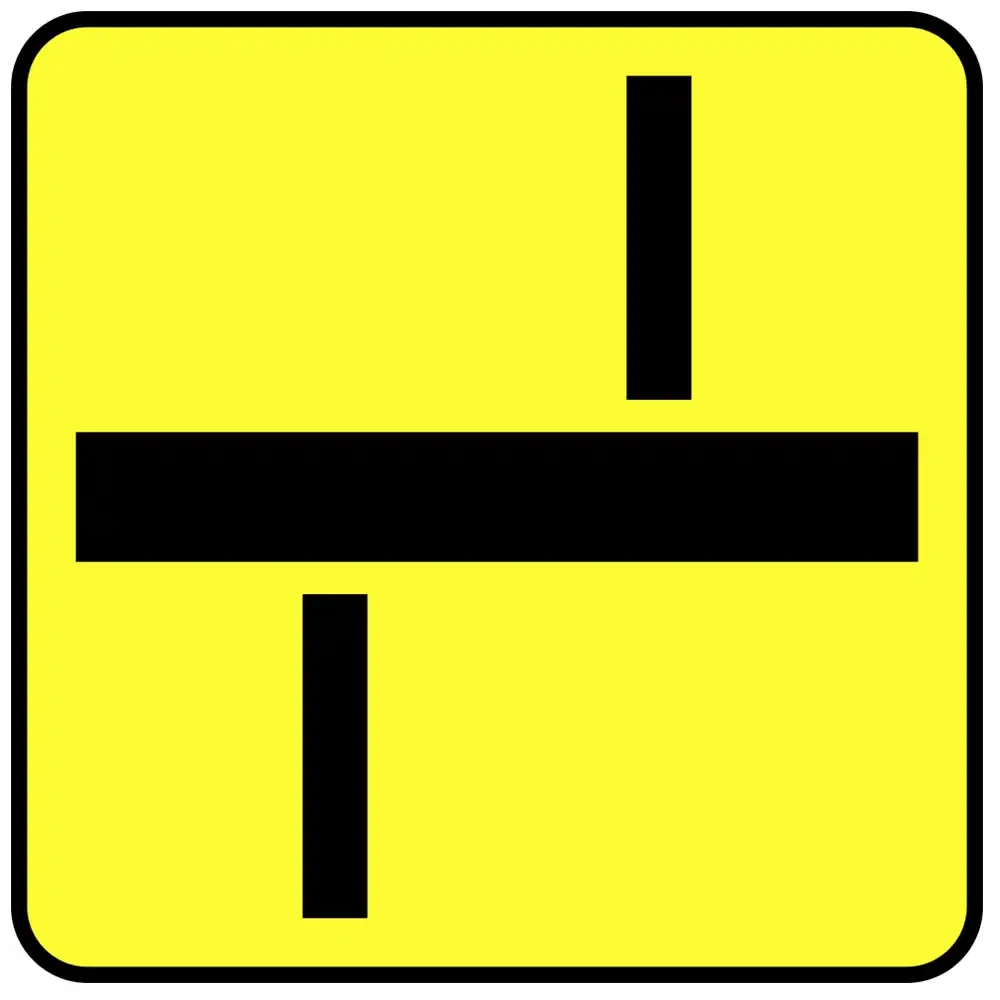 Tabliczka T-6D - pierwszenstwo drogi przez skrzyzowanie i uklad drog podporzadkowanych - folia odblaskowa I generacji - 600x600 mm - sklep drogowy Widrog.webp