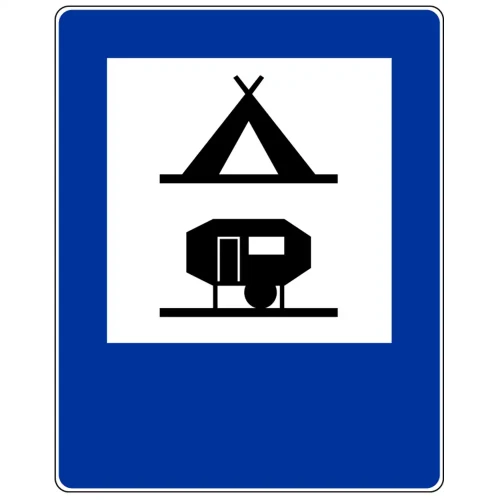 Znak drogowy D-31 - obozowisko (camping) z podłączeniem elektrycznym - folia I generacji - 400x500 mm