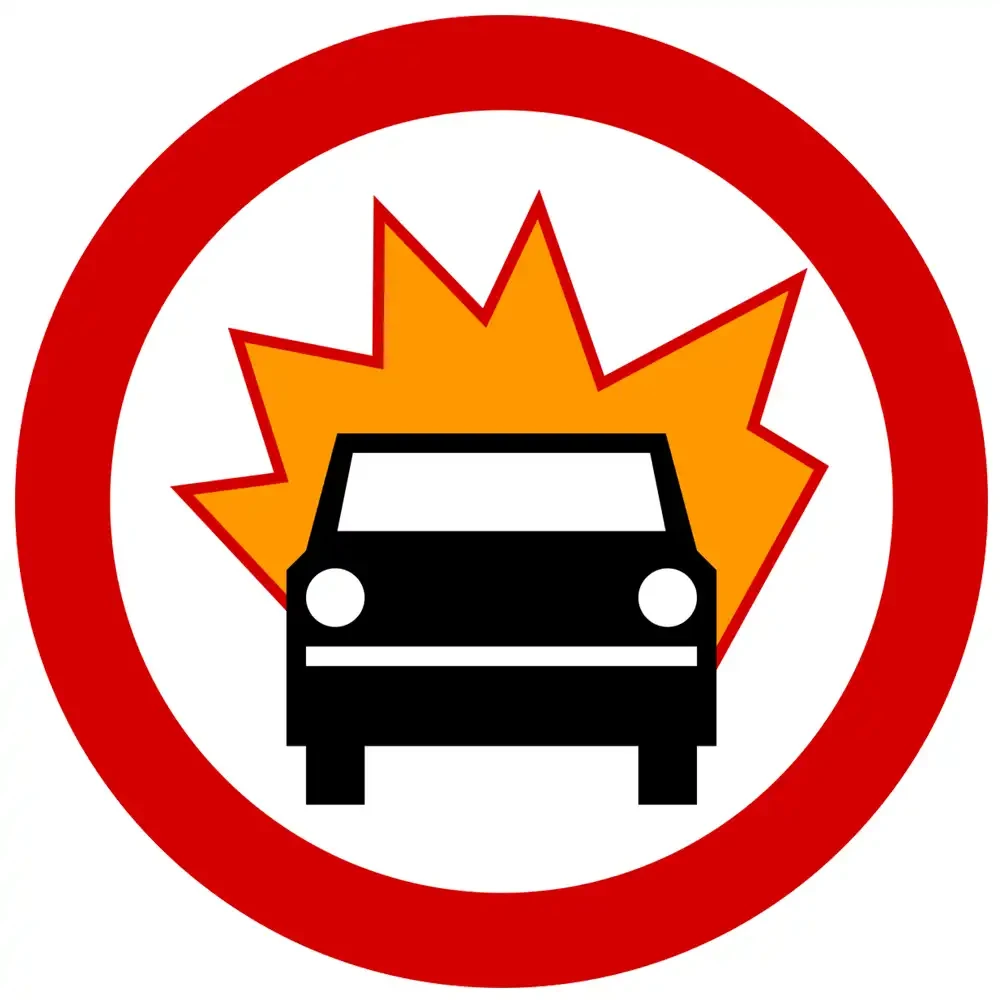 Znak drogowy B-13 - zakaz wjazdu pojazdow z materialami wybuchowymi lub latwo zapalnymi - folia II generacji.webp