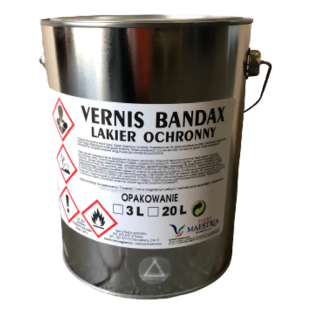 Metalowa puszka lakieru ochronnego Vernis Bandax Maestria, o pojemności 20L. Produkt do zabezpieczania farby i uzyskiwania efektu połysku.