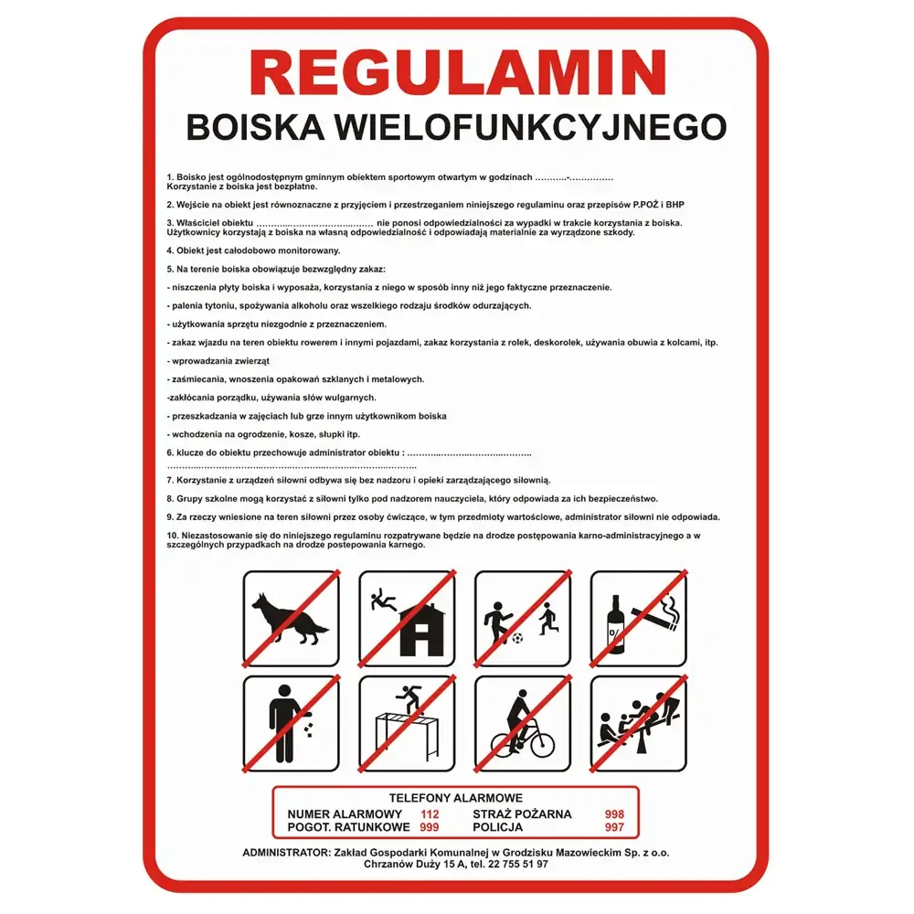 Tabliczka z regulaminem boiska wielofunkcyjnego - 500x700 mm.webp