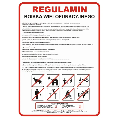 Tabliczka z regulaminem boiska wielofunkcyjnego - 500x700 mm