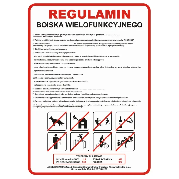 Tabliczka z regulaminem boiska wielofunkcyjnego - 500x700 mm.webp