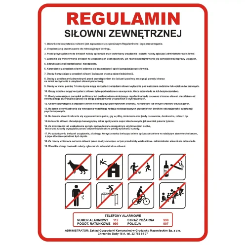 Tabliczka z regulaminem siłowni zewnętrznej - 500x700 mm