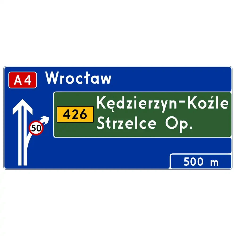 Znak drogowy E-1A - tablica przeddrogowskazowa na autostradzie - folia odblaskowa I generacji - 200 x 150 cm - sklep drogowy Widrog.webp