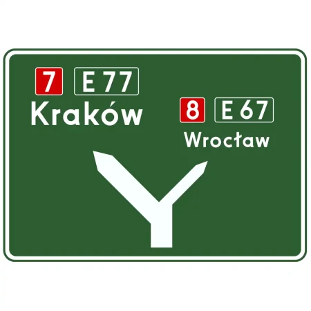 Znak drogowy E-1 - tablica przeddrogowskazowa przed trzyramiennym skrzyżowaniem dróg międzynarodowych - folia odblaskowa I generacji - sklep drogowy Widrog.webp