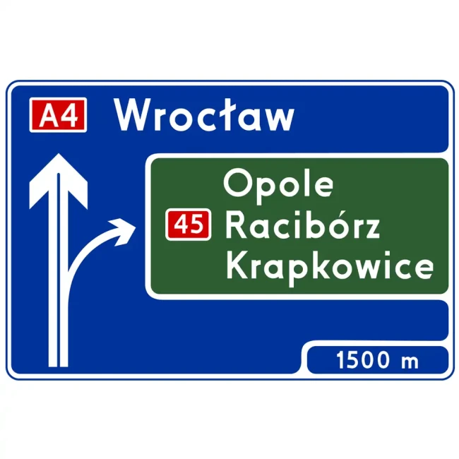 Znak drogowy E-1A - tablica przeddrogowskazowa na autostradzie przed skrzyżowaniem z drogą krajową - folia odblaskowa pierwszej generacji - sklep drogowy Widrog.webp
