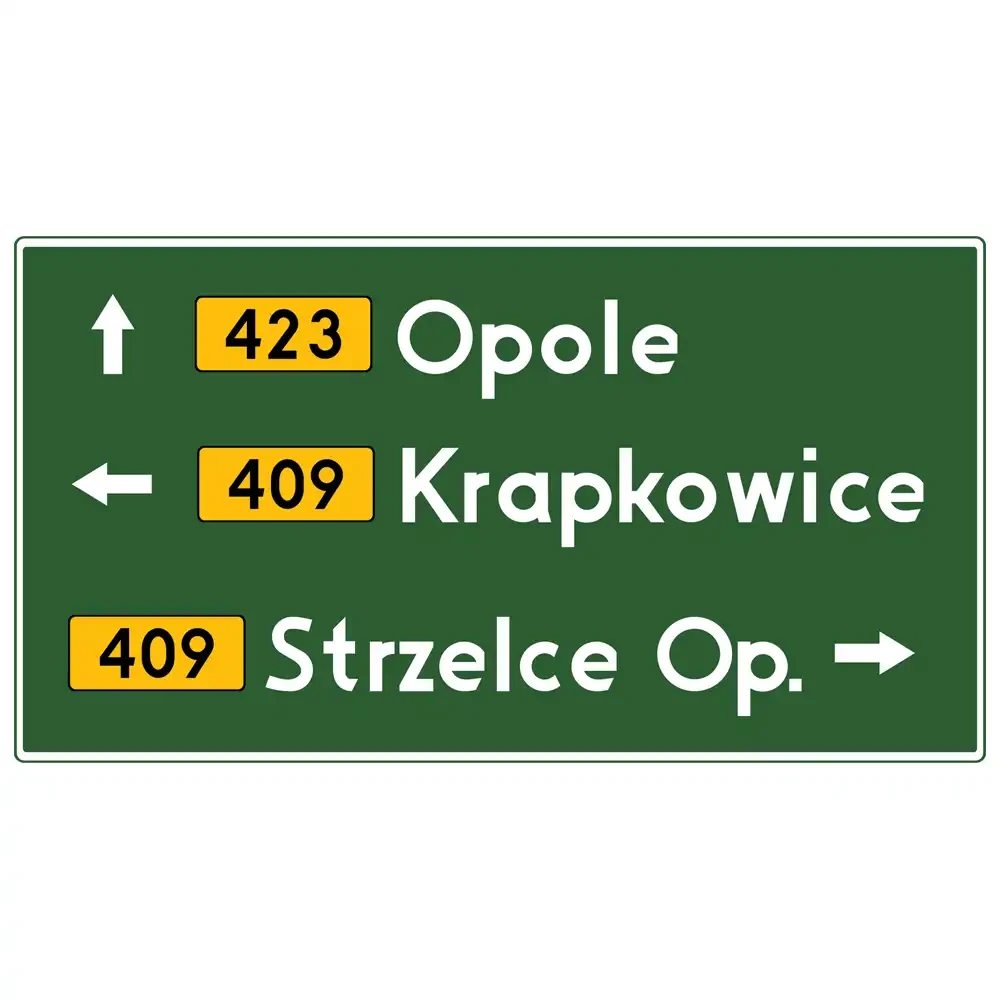 Znak drogowy E-2A - drogowskaz tablicowy umieszczany obok jezdni - folia odblaskowa I generacji - 160 x 90 cm - sklep drogowy Widrog.webp