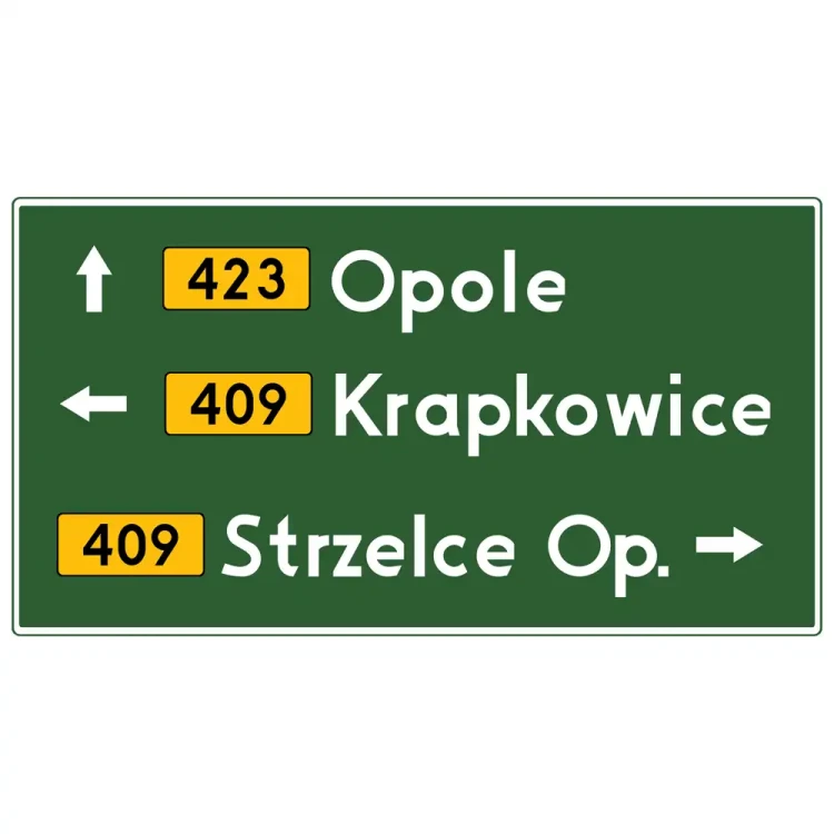 Znak drogowy E-2A - drogowskaz tablicowy umieszczany obok jezdni - folia odblaskowa I generacji - 160 x 90 cm - sklep drogowy Widrog.webp