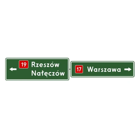 Znak drogowy E-2B - drogowskaz tablicowy nad jezdnią - folia odblaskowa I generacji - 350 x 100 cm - sklep drogowy Widrog.webp