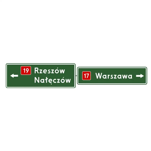 Znak drogowy E-2b - drogowskaz tablicowy nad jezdnią - folia I generacji
