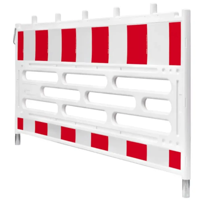 Bariera drogowa TL U-20a (HDPE) w biało-czerwone pasy odblaskowe. Profesjonalna zapora ochronna do tymczasowego zabezpieczenia robót i wykopów. Wzmocniona stalą bariera budowlana z miejscem na lampy ostrzegawcze. Najwyższe bezpieczeństwo na drodze