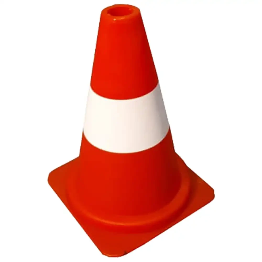 Pachołek drogowy U-23d 30 cm odblaskowy z białymi pasami (z mikrokulek szklanych). Idealny do wyznaczania stref robót drogowych, placów budowy, szkolenia kierowców i zabezpieczenia terenu. Wysoka widoczność i trwałość