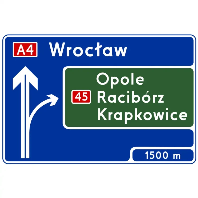 Znak drogowy E-1a - tablica przeddrogowskazowa na autostradzie - folia II generacji.webp
