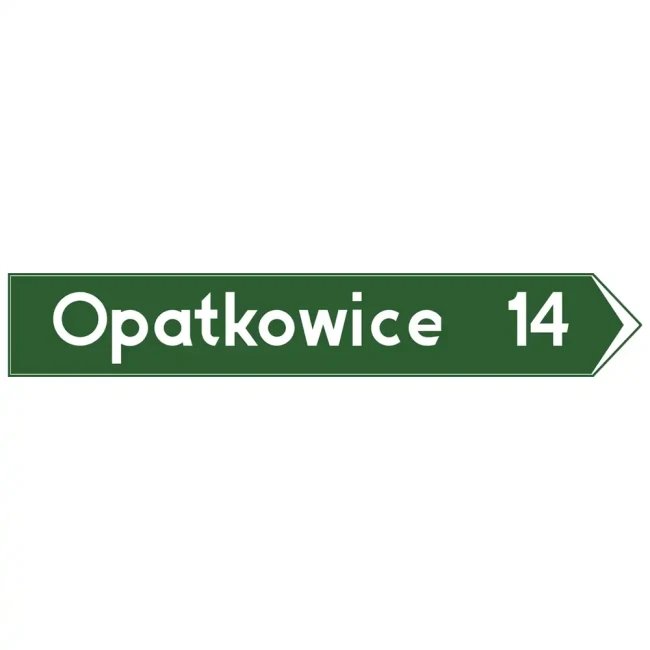 Znak drogowy E-4 - drogowskaz w kształcie strzały podający odległość do wskazanej miejscowości - folia II generacji - sklep drogowy Widrog.webp