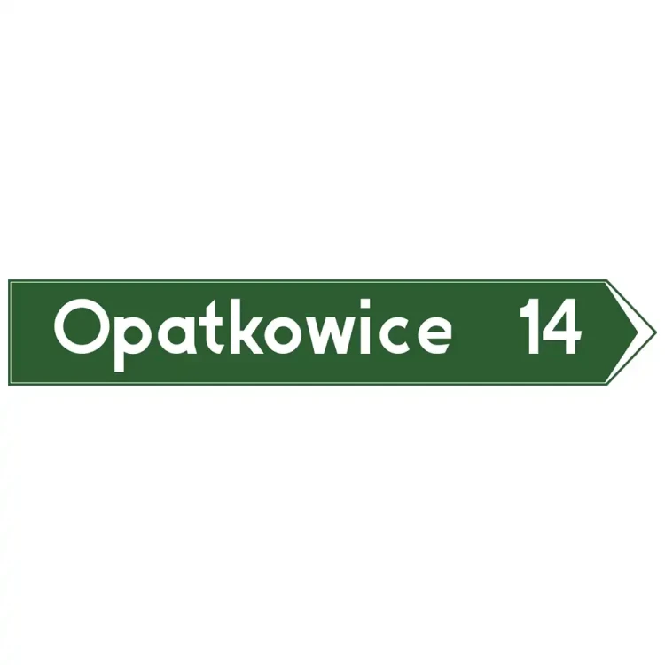 Znak drogowy E-4 - drogowskaz w kształcie strzały podający odległość do wskazanej miejscowości - folia II generacji - sklep drogowy Widrog.webp