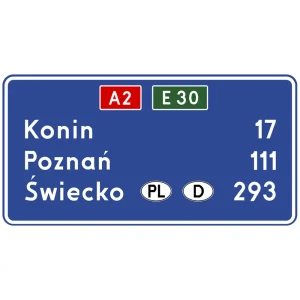 Znak drogowy E-14a - tablica szlaku drogowego na autostradzie - folia II generacji