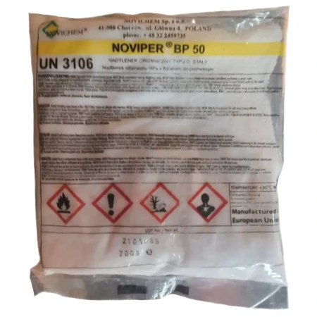 Saszetka nadtlenku organicznego Noviper BP 50 z oznaczeniem transportowym UN 3106.