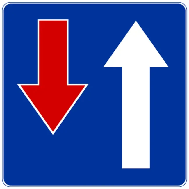 Znak drogowy D-5 - pierwszenstwo na zwezonym odcinku jezdni - folia odblaskowa I generacji - 400x400 mm - sklep drogowy Widrog.webp