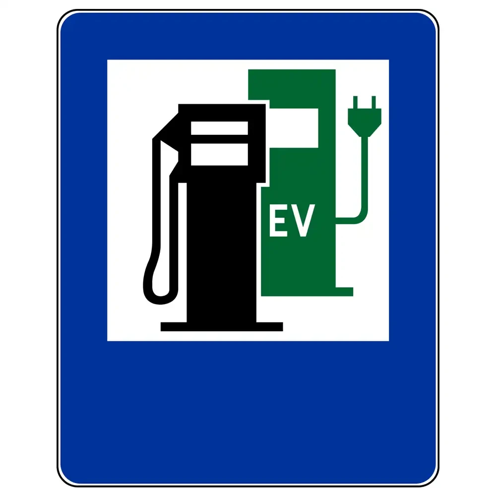 Znak drogowy D-23b - stacja paliwowa z punktem ładowania pojazdów elektrycznych - folia odblaskowa I generacji - 1500x1200 mm - sklep drogowy Widrog.webp
