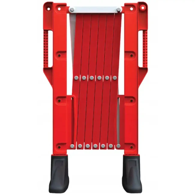 Złożona zapora nożycowa Titan Expander w kolorze czerwonym. Przenośna, kompaktowa bariera harmonijkowa ostrzegawcza do blokowania i ogradzania miejsca robót drogowych, placu budowy lub wejścia do magazynu.
