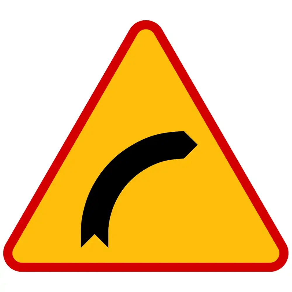 Znak drogowy A-1 ostrzegający o niebezpiecznym zakręcie w prawo. Trwały, oklejony folią II generacji, o długości boków 900 mm. Idealny do zastosowań drogowych, poprawia bezpieczeństwo na drodze. Zamów w naszym sklepie i zabezpiecz ruch!