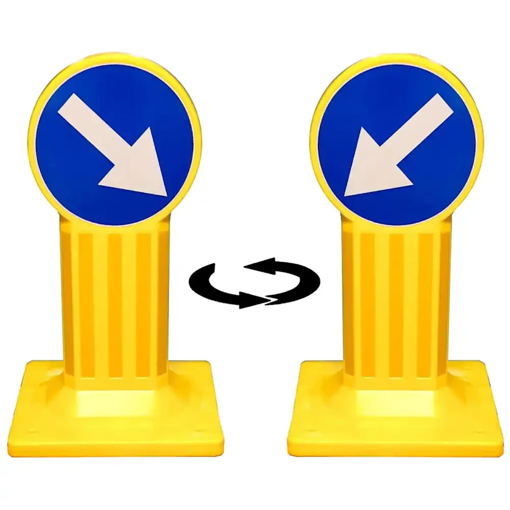 Słupek drogowy U-5b fi 400 mm, oklejony dwustronnie folią odblaskową 2 generacji. Żółty pylon ostrzegawczy z polietylenu LLD PE ze znakiem nakazu C-9. Wytrzymałe urządzenie bezpieczeństwa ruchu drogowego (BRD) od Sklepu Drogowego Widrog.