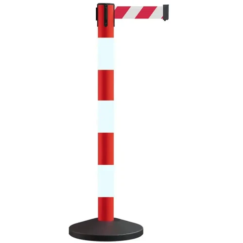 Słupek przemysłowy biało-czerwony z biało-czerwoną taśmą ostrzegawczą - dł. 4 metry - sklep drogowy Widrog.webp