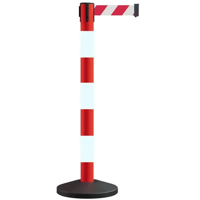 Słupek przemysłowy biało-czerwony z biało-czerwoną taśmą ostrzegawczą - dł. 4 metry - sklep drogowy Widrog.webp