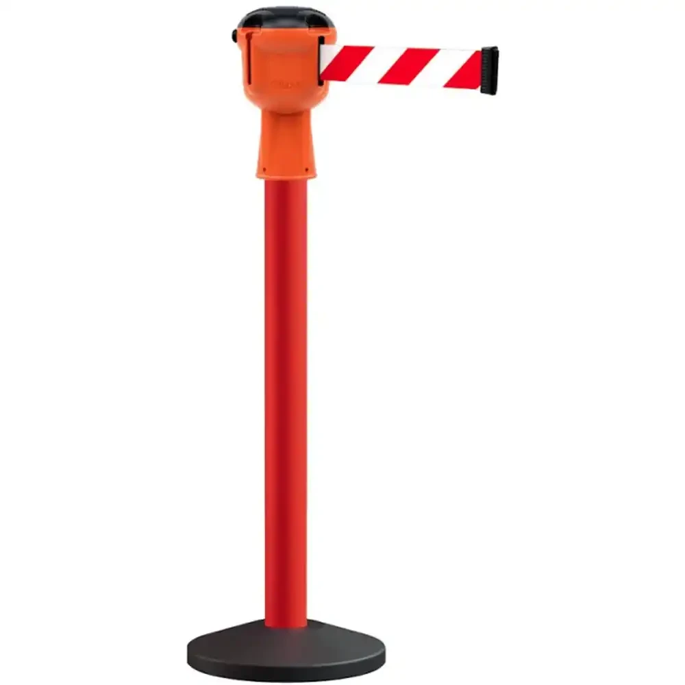 Słupek czerwony przemysłowy lakierowany z głowicą SKIPPER z taśmą biało-czerwoną - długość taśmy 9 metrów - sklep drogowy Widrog .webp