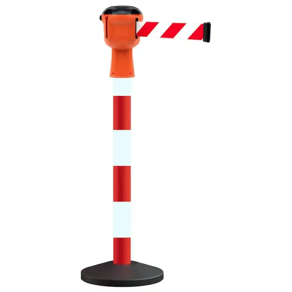 Słupek przemysłowy biało-czerwony lakierowany z głowicą SKIPPER i taśmą biało-czerwoną - długość taśmy 9 metrów - sklep drogowy Widrog .webp