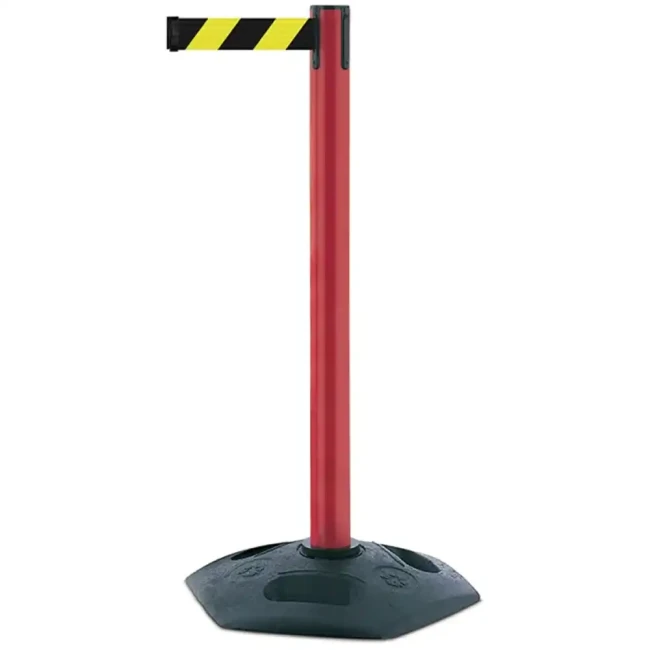Czerwony słupek z tworzywa sztucznego TENSATOR® HEAVY DUTY - żólto-czarna taśma dł. 2,3 m - sklep drogowy Widrog.webp