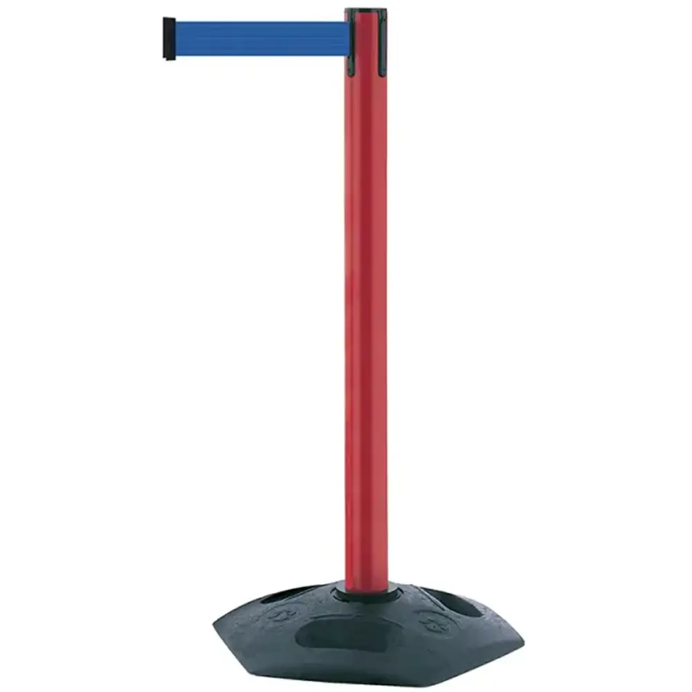 Czerwony słupek z tworzywa sztucznego TENSATOR® HEAVY DUTY - niebieska taśma dł. 2,3 m - sklep drogowy Widrog.webp