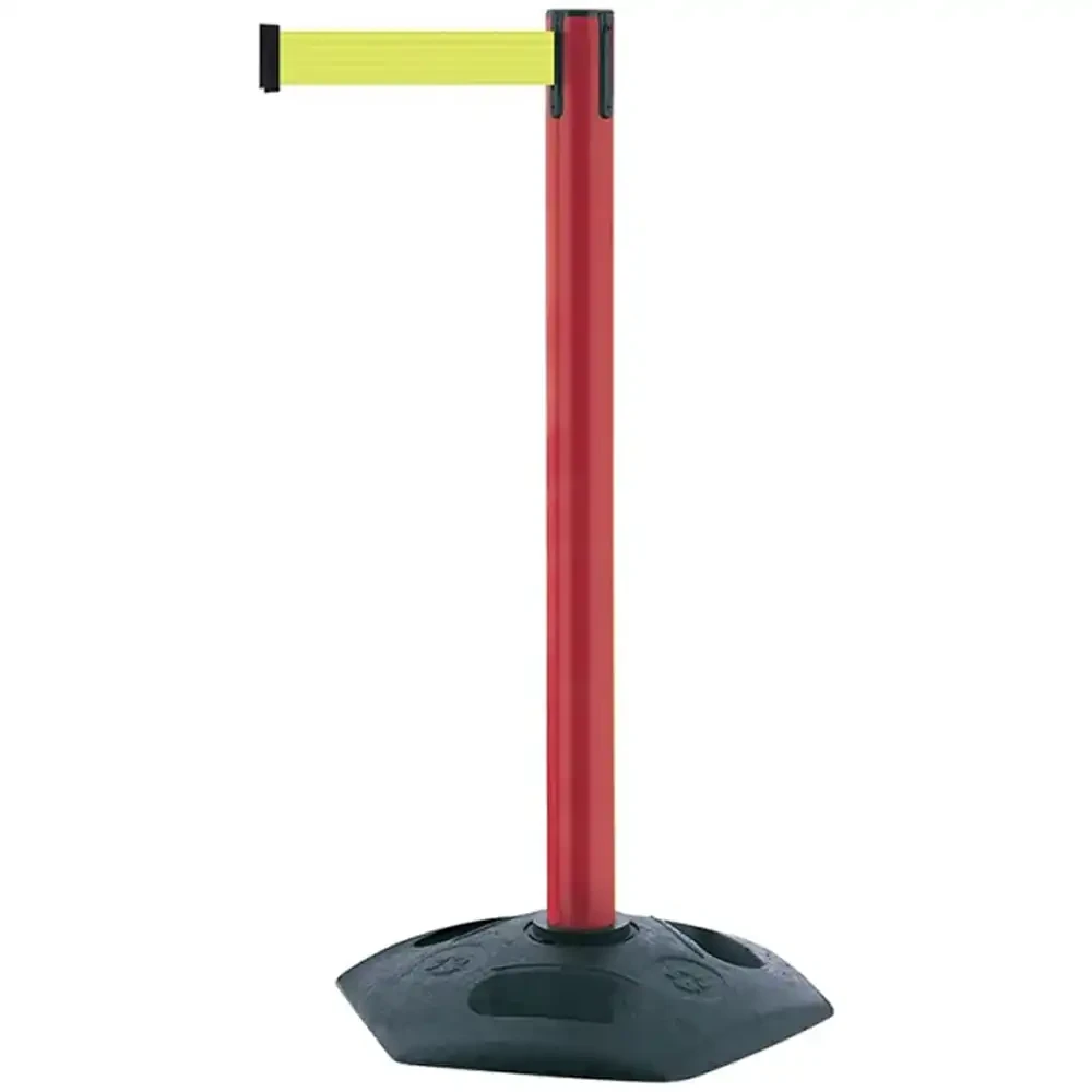 Czerwony słupek z tworzywa sztucznego TENSATOR® HEAVY DUTY - żółta taśma dł. 2,3 m - sklep drogowy Widrog.webp