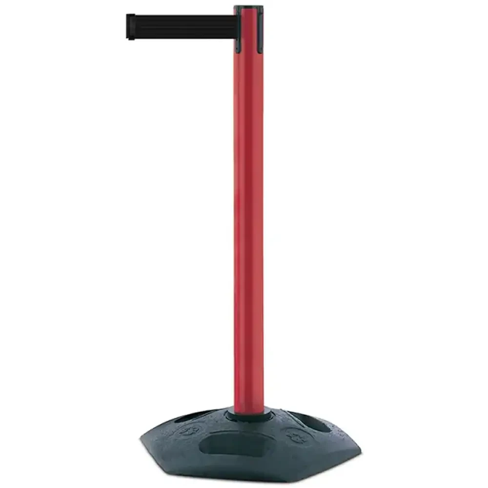 Czerwony słupek z tworzywa sztucznego TENSATOR® HEAVY DUTY - czarna taśma dł. 3,65 m - sklep drogowy Widrog.webp