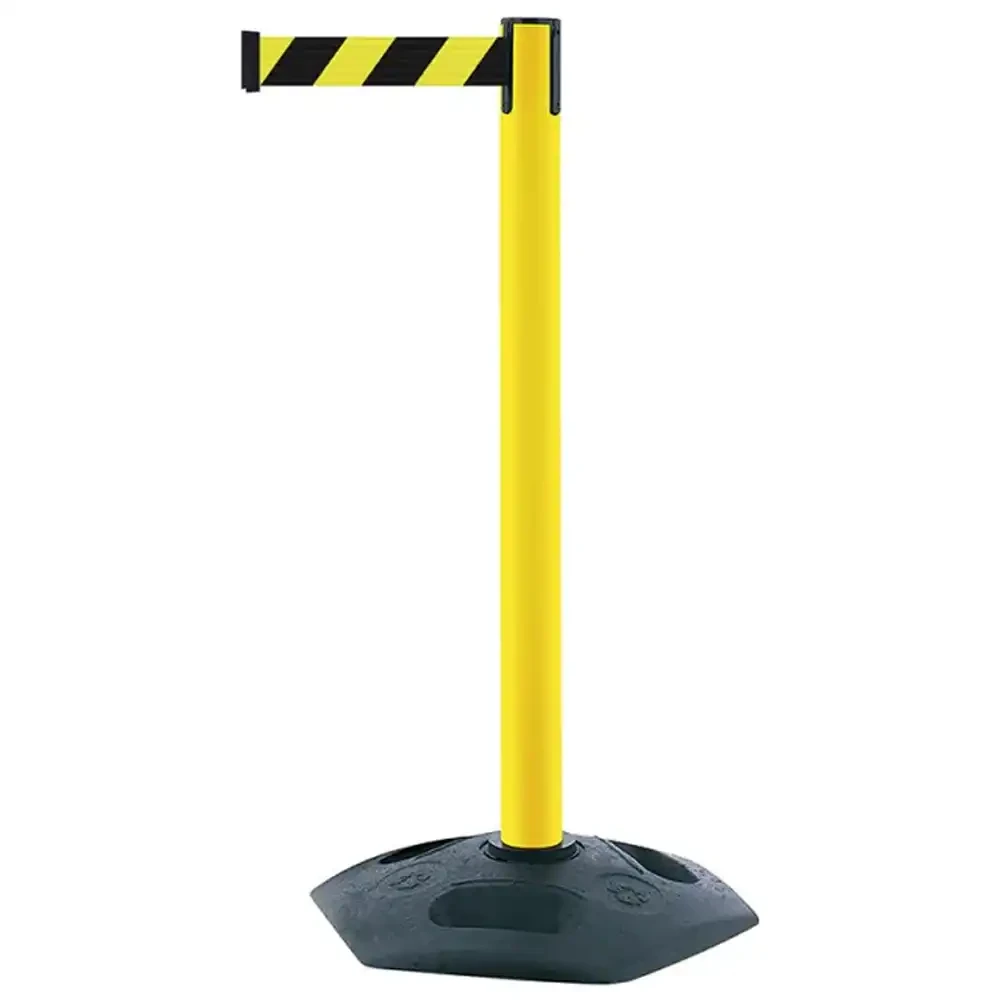 Żółty słupek z tworzywa sztucznego TENSATOR® HEAVY DUTY - żółto-czarno taśma dł. 2,3 m - sklep drogowy Widrog.webp