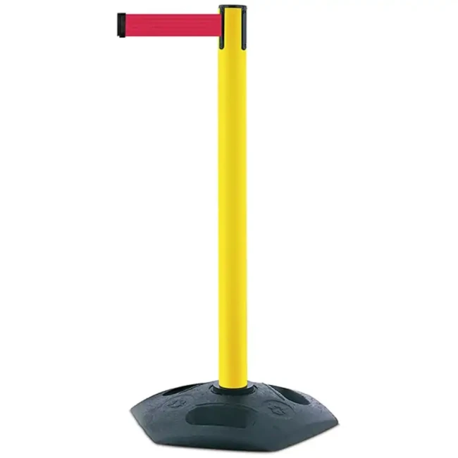 Żółty słupek z tworzywa sztucznego TENSATOR® HEAVY DUTY - czerwona taśma dł. 2,3 m - sklep drogowy Widrog.webp