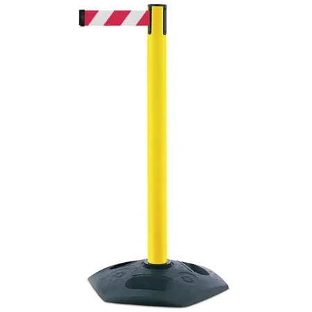Żółty słupek z tworzywa sztucznego TENSATOR® HEAVY DUTY - biało-czerwona taśma dł. 3,65 m - sklep drogowy Widrog.webp