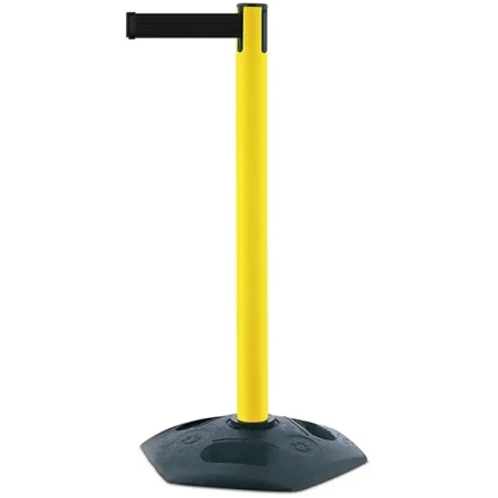 Żółty słupek z tworzywa sztucznego TENSATOR® HEAVY DUTY - czarna taśma dł. 3,65 m - sklep drogowy Widrog.webp