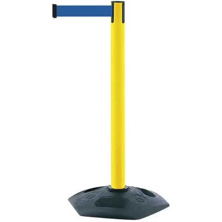 Żółty słupek z tworzywa sztucznego TENSATOR® HEAVY DUTY - niebieska taśma dł. 3,65 m - sklep drogowy Widrog.webp