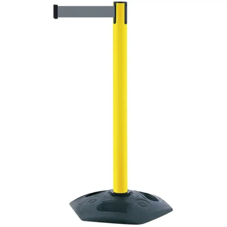 Żółty słupek z tworzywa sztucznego TENSATOR® HEAVY DUTY - szara taśma dł. 3,65 m - sklep drogowy Widrog.webp