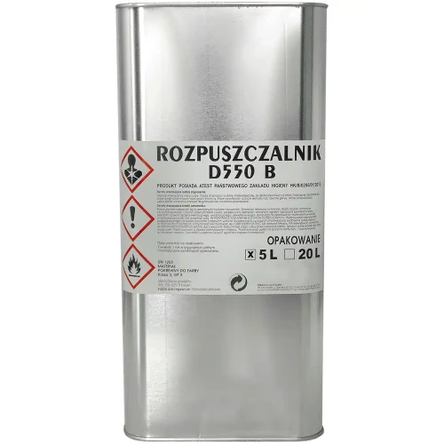Rozpuszczalnik D550 B, puszka metalowa 5L/20L. Produkt chemiczny z etykietą ostrzegawczą. Idealny do zastosowań przemysłowych i domowych. Bezpieczny zakup online.