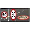 Termoznaki B-33 i znaki drogowe ograniczenie prędkości 50 km/h. Okrągły znak, owalny znak oraz poziome oznakowanie drogowe 50 na asfalcie. Wysokiej jakości oznakowanie termoplastyczne dla dróg i parkingów. Oznakowania poziome, termoplasty i znaki pionowe