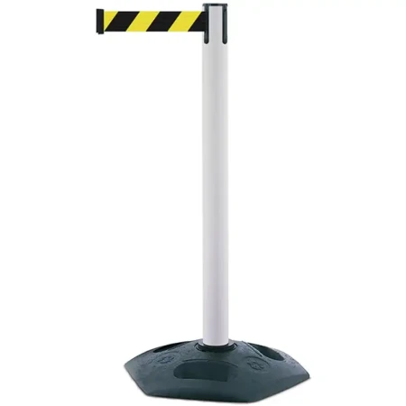 Biały słupek z tworzywa sztucznego TENSATOR® HEAVY DUTY -  żółto-czarna taśma dł. 3,65 m - sklep drogowy Widrog.webp