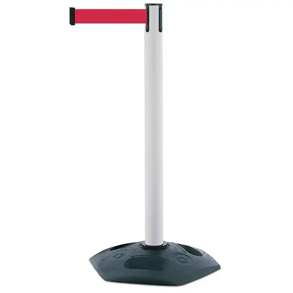 Biały słupek z tworzywa sztucznego TENSATOR® HEAVY DUTY -  czerwona taśma taśma dł. 3,65 m - sklep drogowy Widrog.webp