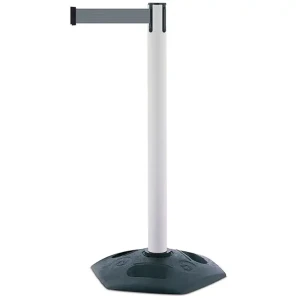 Biały słupek z tworzywa sztucznego TENSATOR® HEAVY DUTY - szara taśma dł. 3,65 m