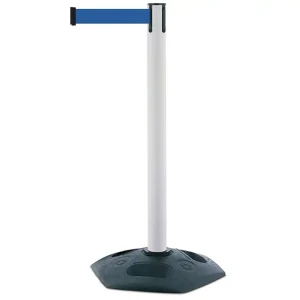 Biały słupek z tworzywa sztucznego TENSATOR® HEAVY DUTY - niebieska taśma dł. 2,3 m